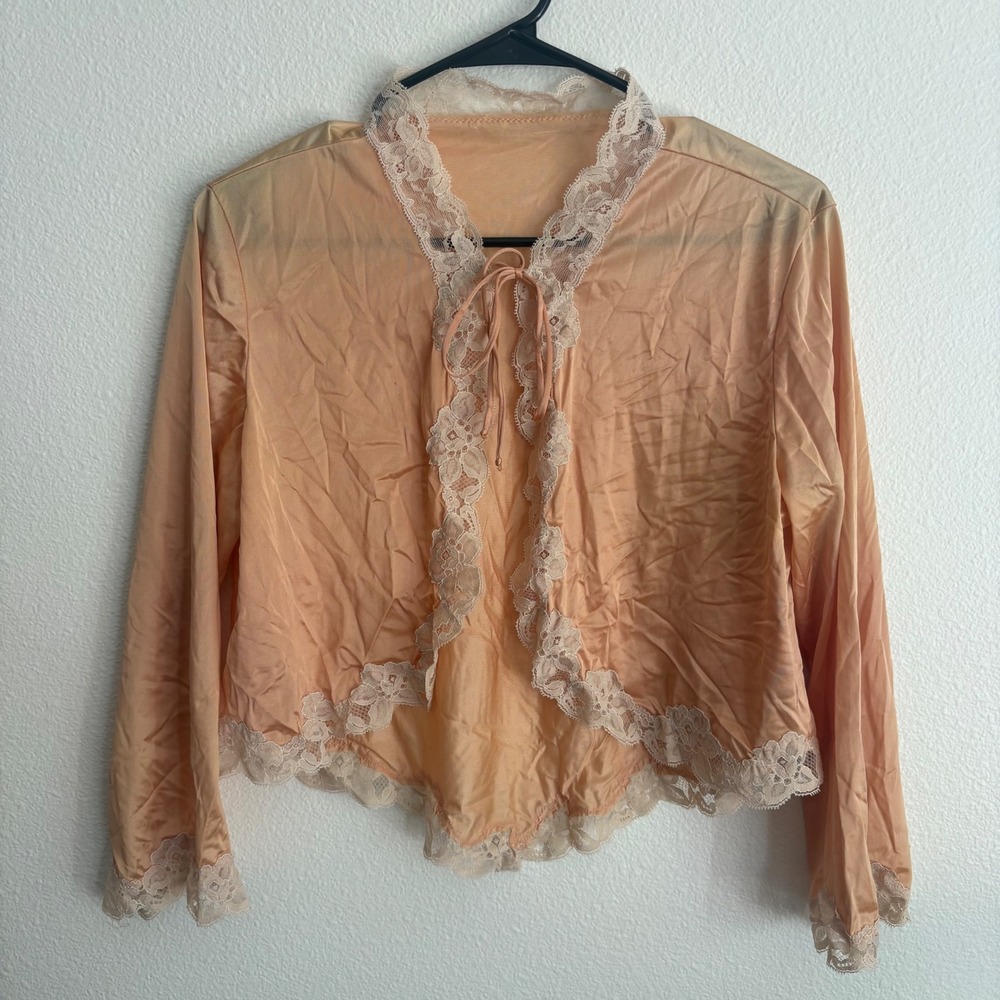 Vintage Sears Peach Nylon Lace Trim Bed Jacket Tie Front Shrug Medium 36 USA